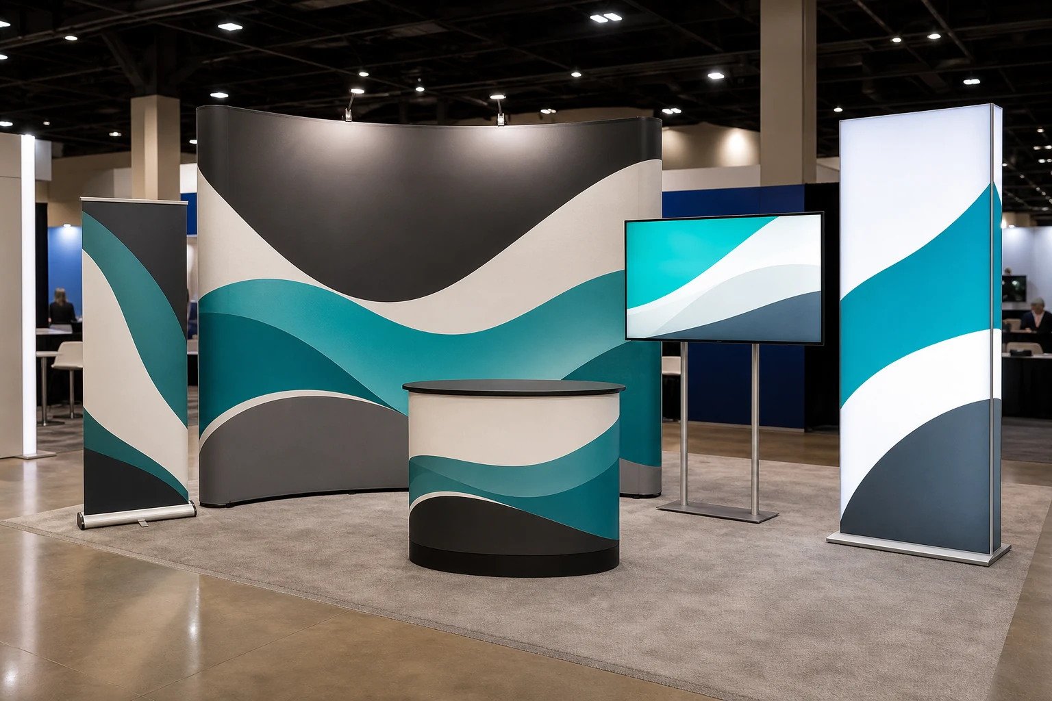 Lightbox, LED ekran, roll-up ve diğer display ürünlerinin birlikte kullanıldığı fuar konsepti